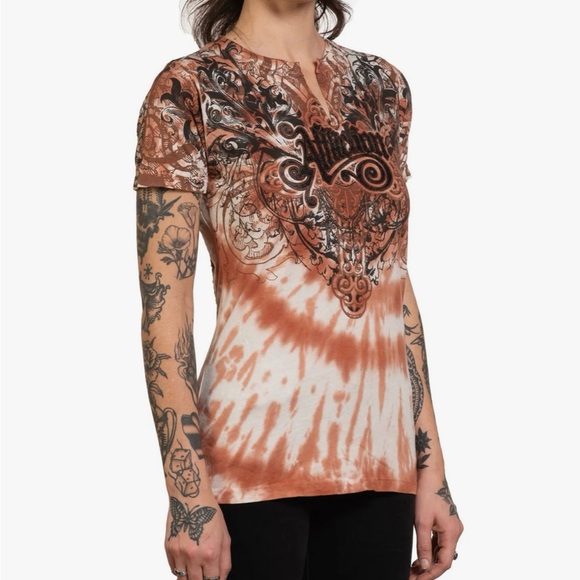 NWT Affliction Reversible Graphic Tee XL Brown Tie-Dye Cutout Back Size XL - Picture 3 of 11
